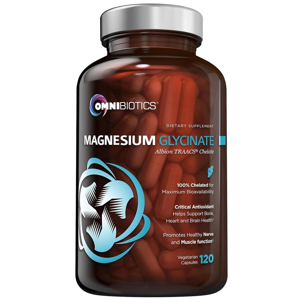 Supplément de glycinate de magnésium OmniBiotique – avec 100% pur albion TRAACS chélate de bisglycinate pour le sommeil, les muscles, la nervosité et la santé cardiaque – 120 gélules végétaliennes