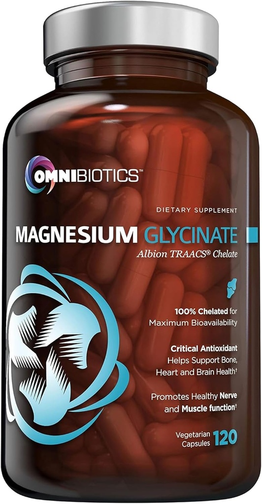 Supplément de glycinate de magnésium OmniBiotique – avec 100% pur albion TRAACS chélate de bisglycinate pour le sommeil, les muscles, la nervosité et la santé cardiaque – 120 gélules végétaliennes