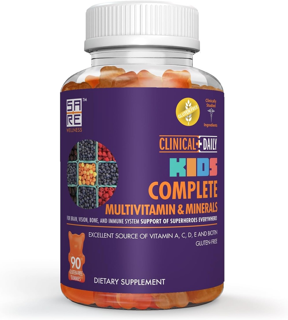 Supplément gommy quotidien multivitamine pour les enfants cliniques complets pour la santé du cerveau, de la vision, des os et des immunes. Vitamines A, C, E,D,B6,B12, Folate, Biotine, Minéraux essentiels. 90 Gummies sans gluten