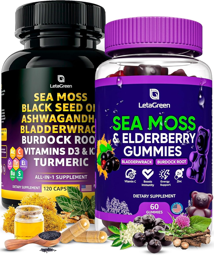 Capsules de mousse de mer + Gummies Bundle, 60 Gummies de mousse de mer d'Irlande + 120 Capsules de mousse de mer sauvage avec vitamines et minéraux
