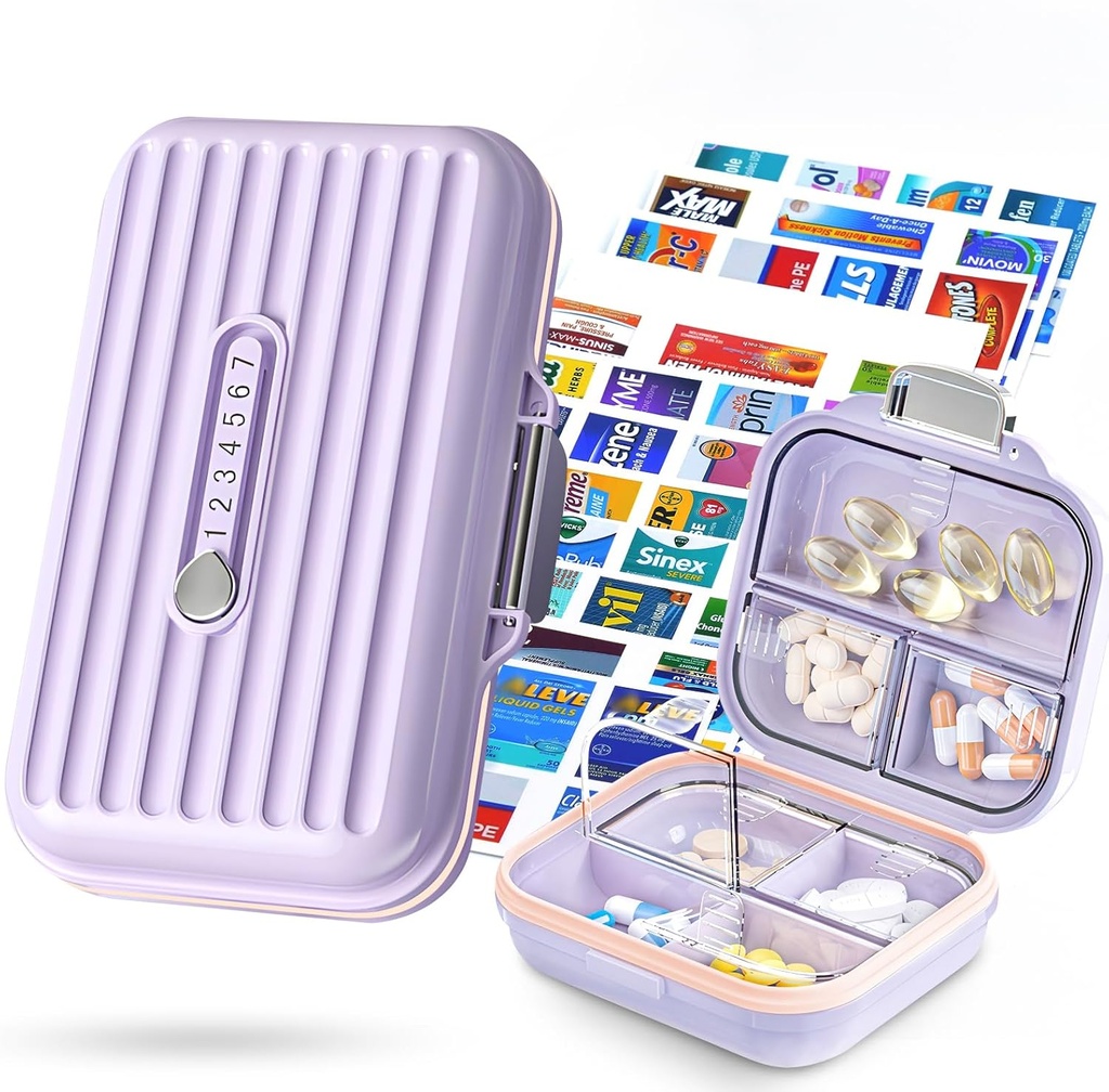Boîte d'organisateur de pilules de voyage avec étiquettes de médecine, 2Pack 7 Compartiments Portable Pill Case, Daily Medicating Organizer Pill Container for Pocket Pharmacie (Purple, S+L 2pack)