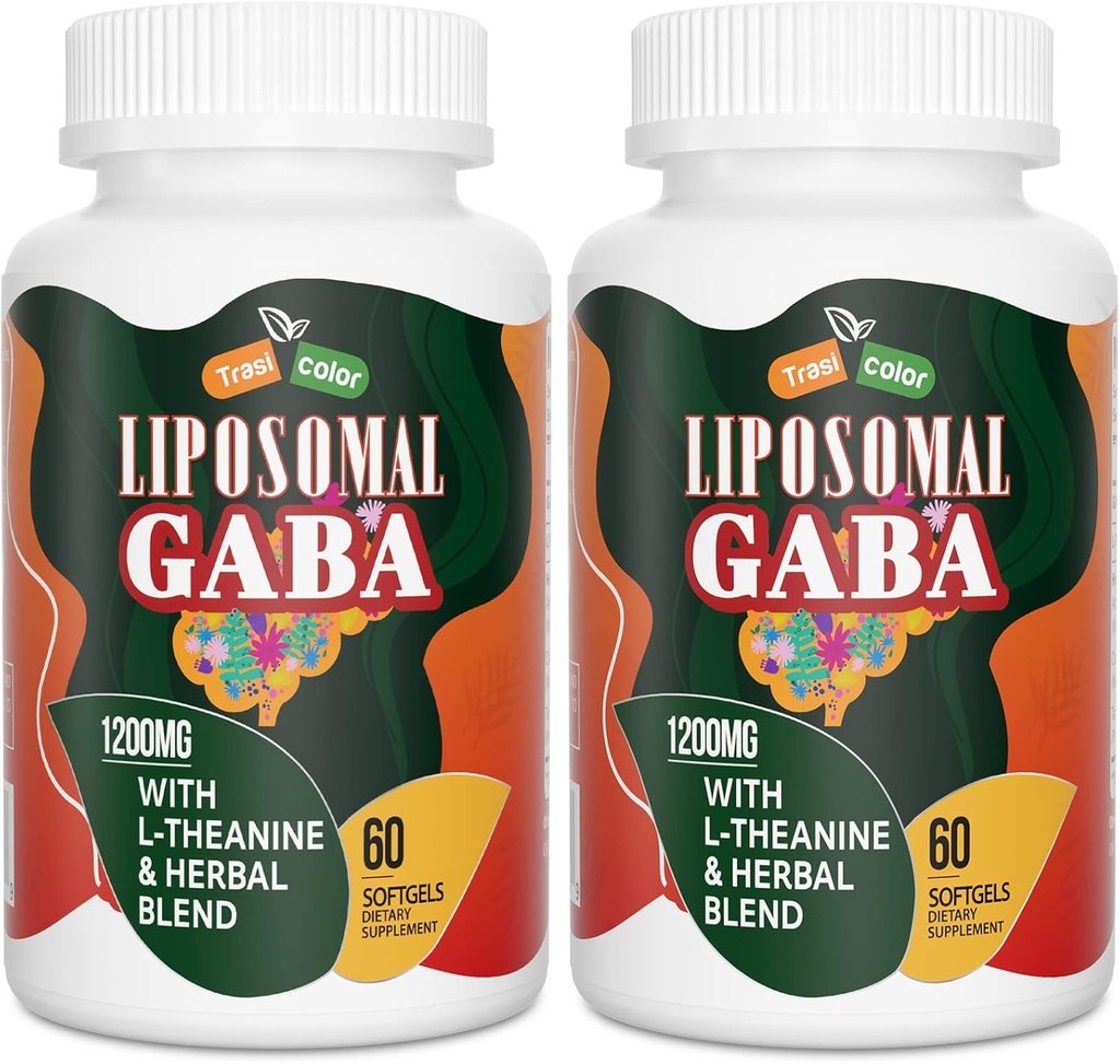 GABA liposomique avec suppléments L-Theanine 1200mg - Complexe GABA à haute absorption avec Ashwagandha, Camomile, Tart Cherry Herbal Suppléments pour hommes et femmes, 120 Softgels