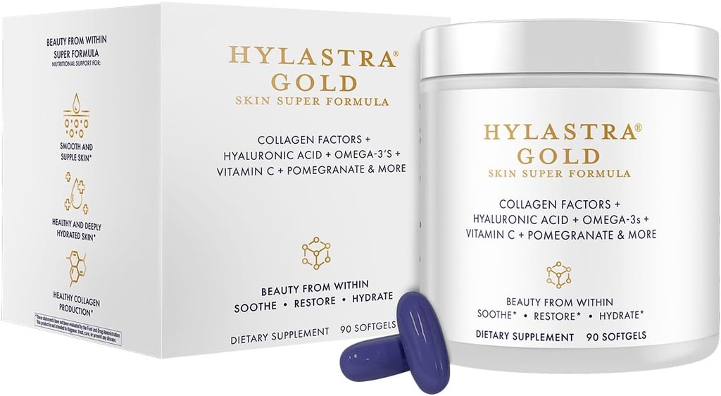 Produits de pureté Hylastra Gold Softgels Collagen + Acid Hyaluronique + Beauty Boosting Powerhouse Ingrédients - Augmentation de l'hydratation de la peau et de l'élasticité - Réduit les rides et lignes fines - 90 Softgels
