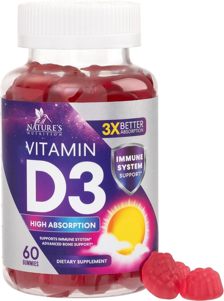 Vitamine D3 Gummy 5000 UI (125 mcg) - Supplément alimentaire Vitamines D pour les femmes et les hommes - os, dents, muscles et immunitaires, haute puissance VIT D3 Nature non-OGM et sans gluten - 60 gummes