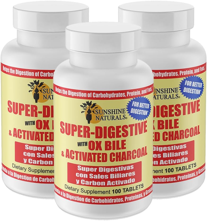 Sunshine Naturals Super Supplément digestif. Bile d'oxygène et charbon activé pour le soutien digestif, le dégel, le nettoyage des intestins, l'absorption des nutriments et le bien-être général. 100 comprimés. Boîte de 3