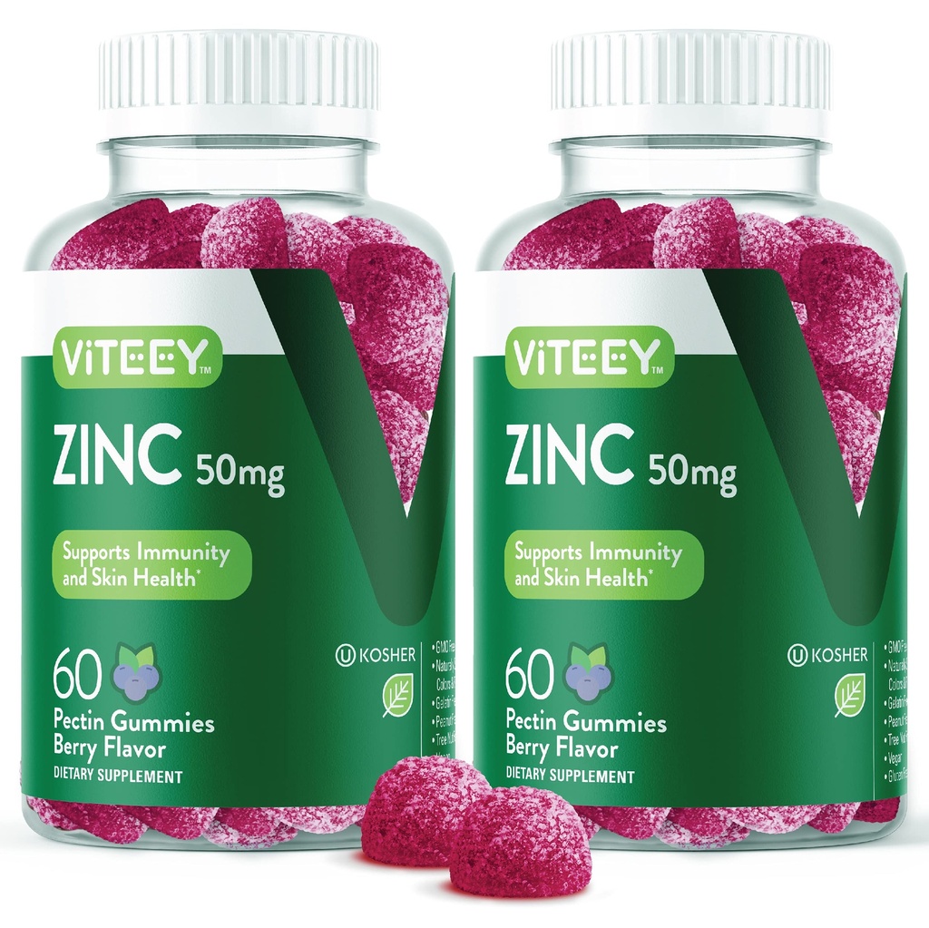 VITEEY Gommies de zinc pour les hommes et les femmes - Suppléments de zinc 50mg - Immune Boost & Skin Health - Vegan, sans gluten - 120 Compte