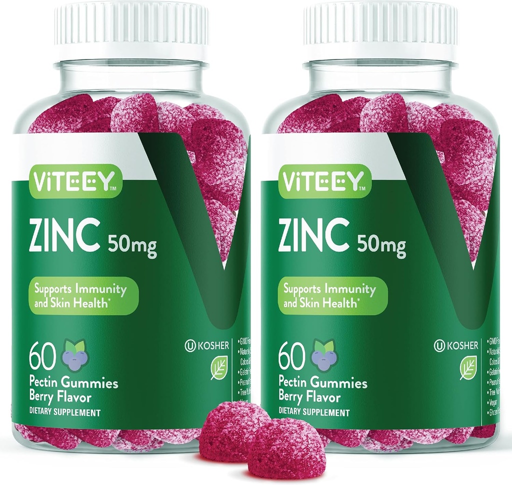 VITEEY Gommies de zinc pour les hommes et les femmes - Suppléments de zinc 50mg - Immune Boost & Skin Health - Vegan, sans gluten - 120 Compte