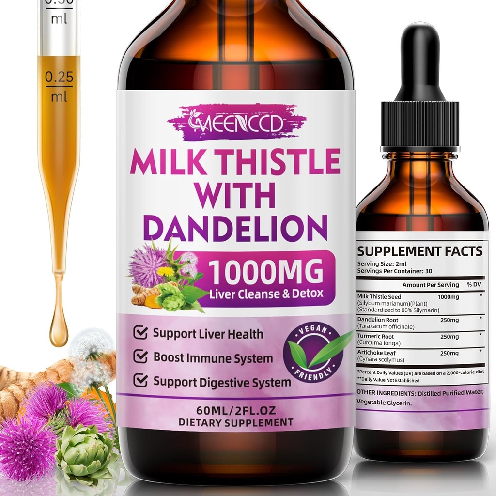 Lait Thistle gouttes liquides - Nettoyez le foie Détox & Réparation - 1000mg Lait Thistle supplément pour le foie soutien, Silymarin foie supplément pour la santé du foie, végétalien, non-OGM, 2 Fl Oz