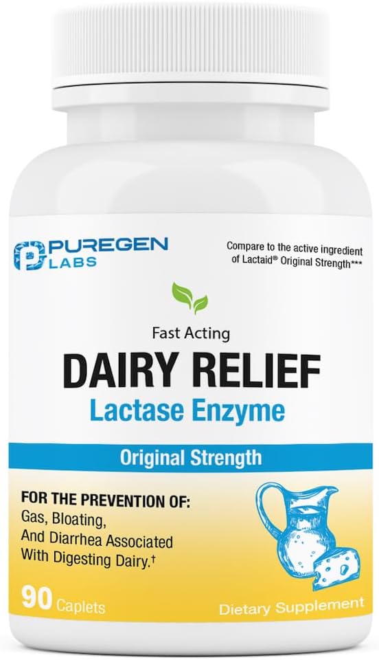 Puregen Labs Dairy Relief Natural Fast Acting Lactase Enzyme 3000 FCC, Lactose Intolérance Pills 90 Caplets