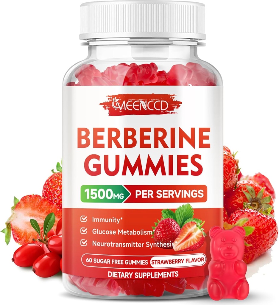 Gommies berbères avec Ceylan Cinnamon 1500mg supplément de haute puissance Berberine HCL pour le soutien immunitaire, sans sucre, végétalien, fraise, 60 comte