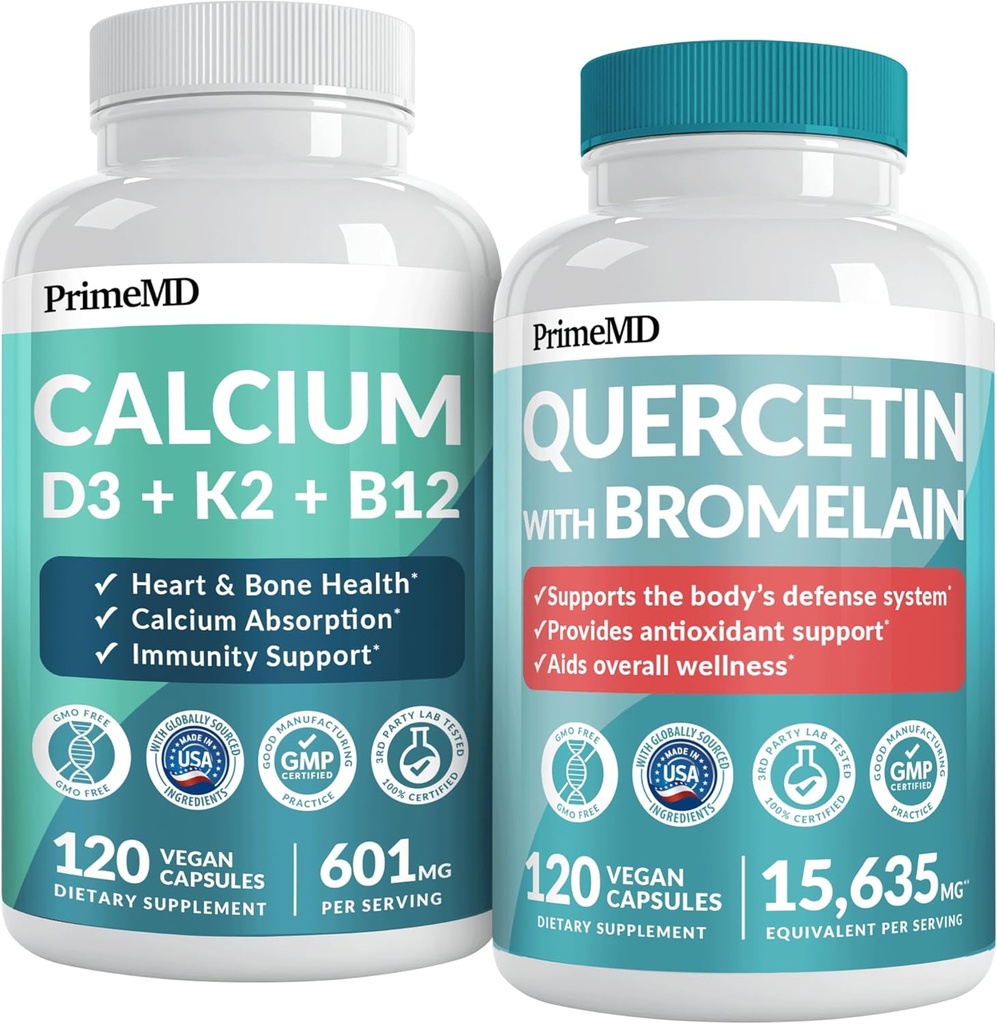 PrimeMD 4-en-1 Suppléments de calcium pour les femmes et les hommes ou défenses du cœur, des os et du corps (120 ct) et 28-en-1 Quercetin avec supplément de bromelain - Quercetin 500mg Capsules pour le support de défense immunitaire (120 ct)