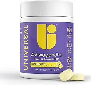 Ashwagandha KSM- 66 Chews - Stress quotidien, fonctions cognitives et soutien de l'humeur Supplément à croquer, très biodisponible Spectre complet KSM66 Ashwagandha Extrait de racine, calme et relaxation - Citron, 60 Comte