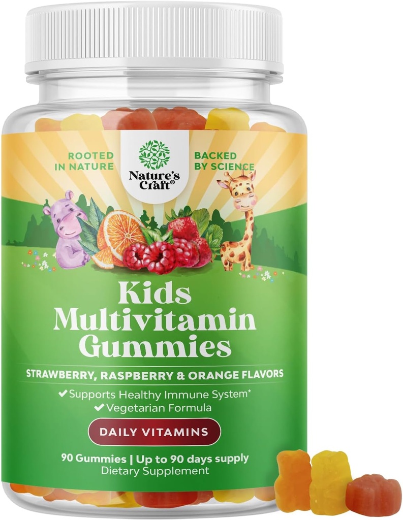 Gummies multivitamines pour enfants à base de plantes - Multivitamines pour enfants Immune Support avec des vitamines A, C, D3, E, B6 & B12, Zinc et Iodine - Vitamines pour enfants Formule à mâcher pour une santé forte - 90 Compte