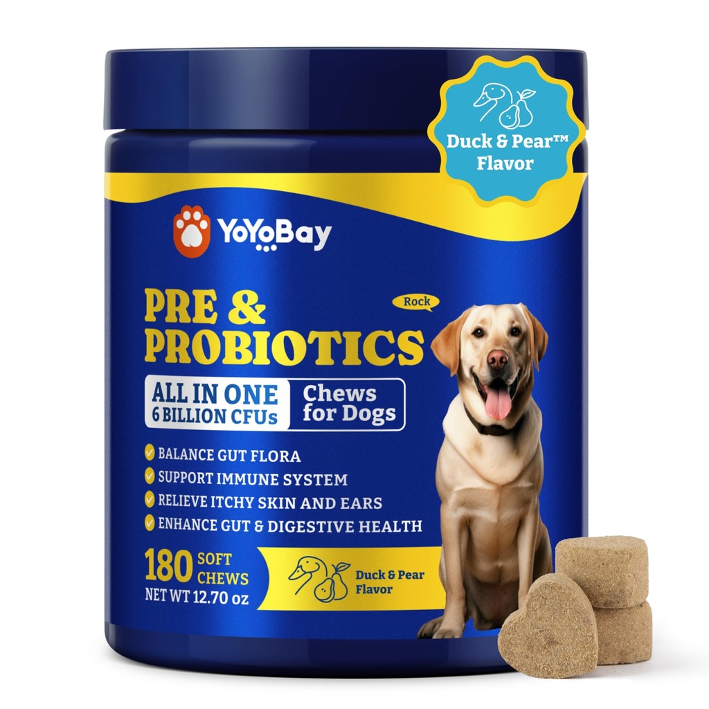 Probiotiques pour chiens - Probiotiques pour chiens pour la santé digestive, la levure, la peau démangeaisons, la santé des intestins, les immunes et la peau - 6 milliards d'UFC, 180 Mâches molles, le canard et l'arôme de poire - avec prébiotiques et enzymes digestives