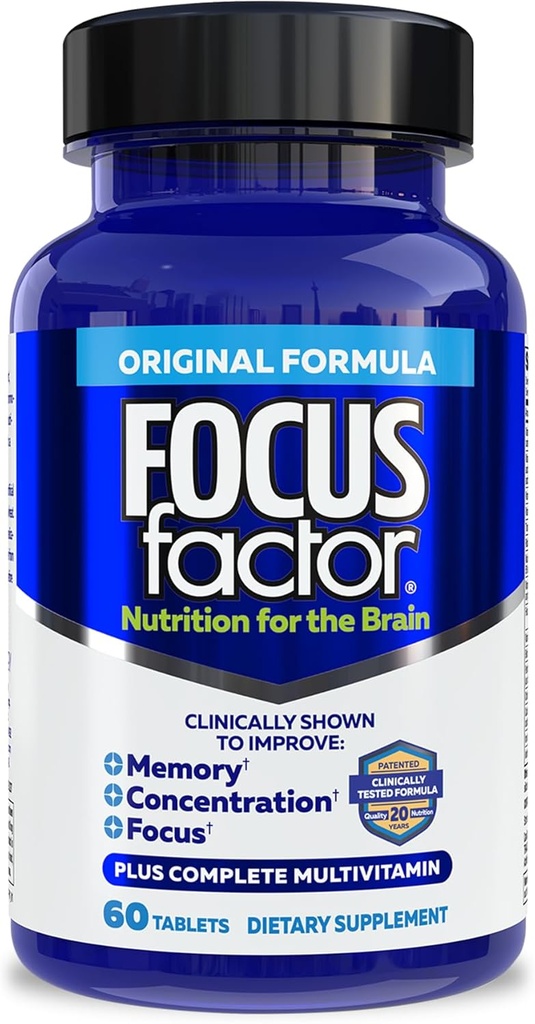 Facteur de concentration Nutrition pour le cerveau, amélioration de la mémoire et de la concentration Supplément cérébral, multivitamine complète avec les vitamines B6, B12, D, Bacopa Monnieri & Tyrosine, 60 Compte