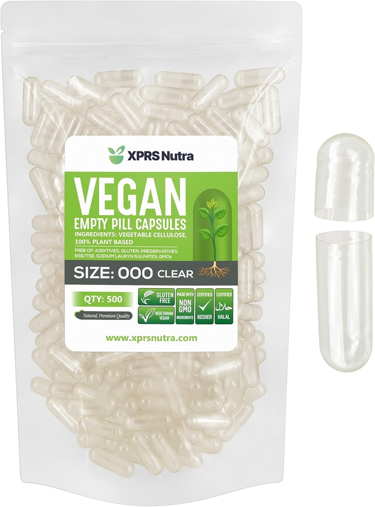 XPRS Nutra Vegan Taille 000 Capsules vides - 500 Compte Vide Végétarien Végétarien Capsules vides - Bricolage Gélule végétale Remplissage - Veggie Caps Pills
