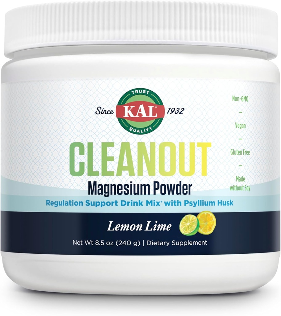 KAL Cleanout Magnesium Plus Psyllium Husk Powder - Lemon Lime - Magnesium Oxide with Fiber Supplement - Regulation Support Drink Mix - No Sugar - 60-Day Guarantee, 40 Servings, 8.5 OZ