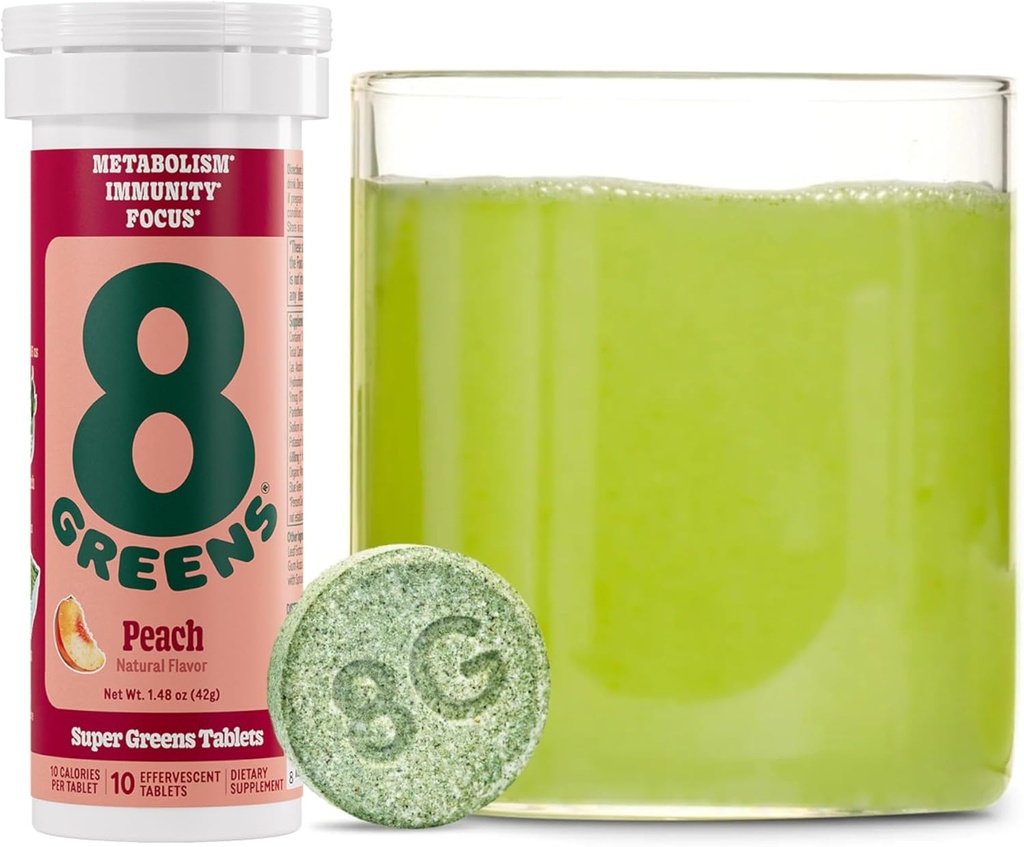 8Greens Supergreens Comprimés SuperGreens SuperGreens Poudre Comprimé SuperGreens, Métabolisme Immunité et Focus, Verts quotidiens Comprimés effervescents, Organique: Aloe Vera, Spiruline, Chlorella, Pêche, 10 portions