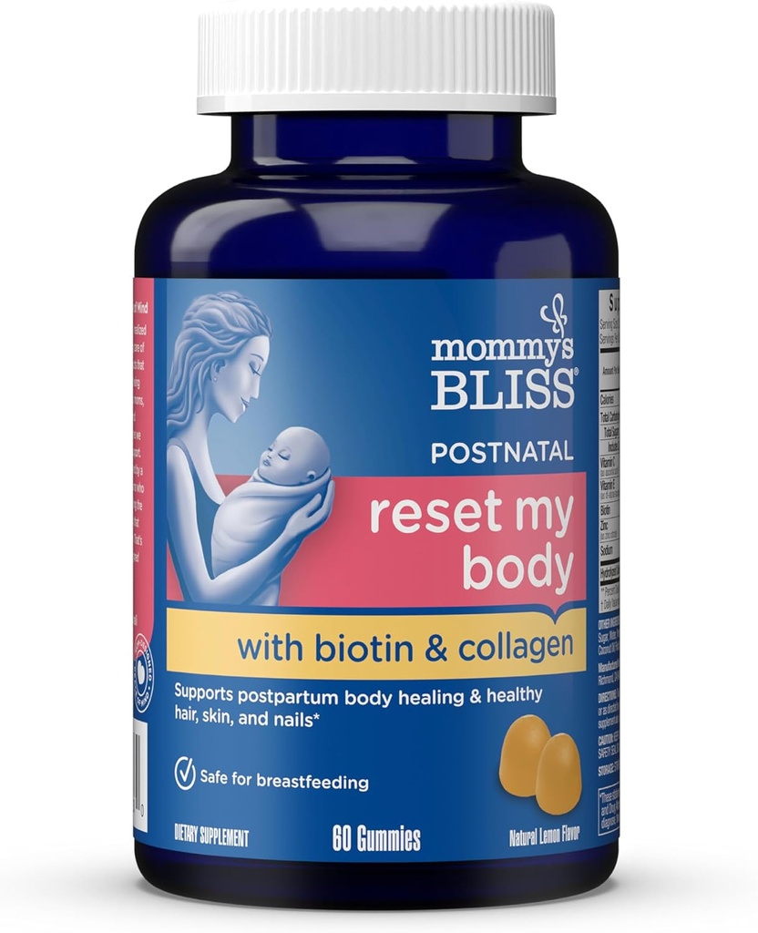 Soutien postnatal de maman Reset My Body Gummies with Biotin & Collagen, Soutient l'énergie postpartum, la guérison et la santé articulaire + cheveux, peau et ongles santé, sans gluten, 60 Gummies (30 portions)