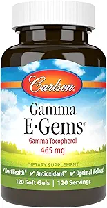 Carlson - Gamma E-Gems, 465 mg, Gamma Tocophérol, Vitamine E Tocophérol, Bien-être optimal, 120 Softgels