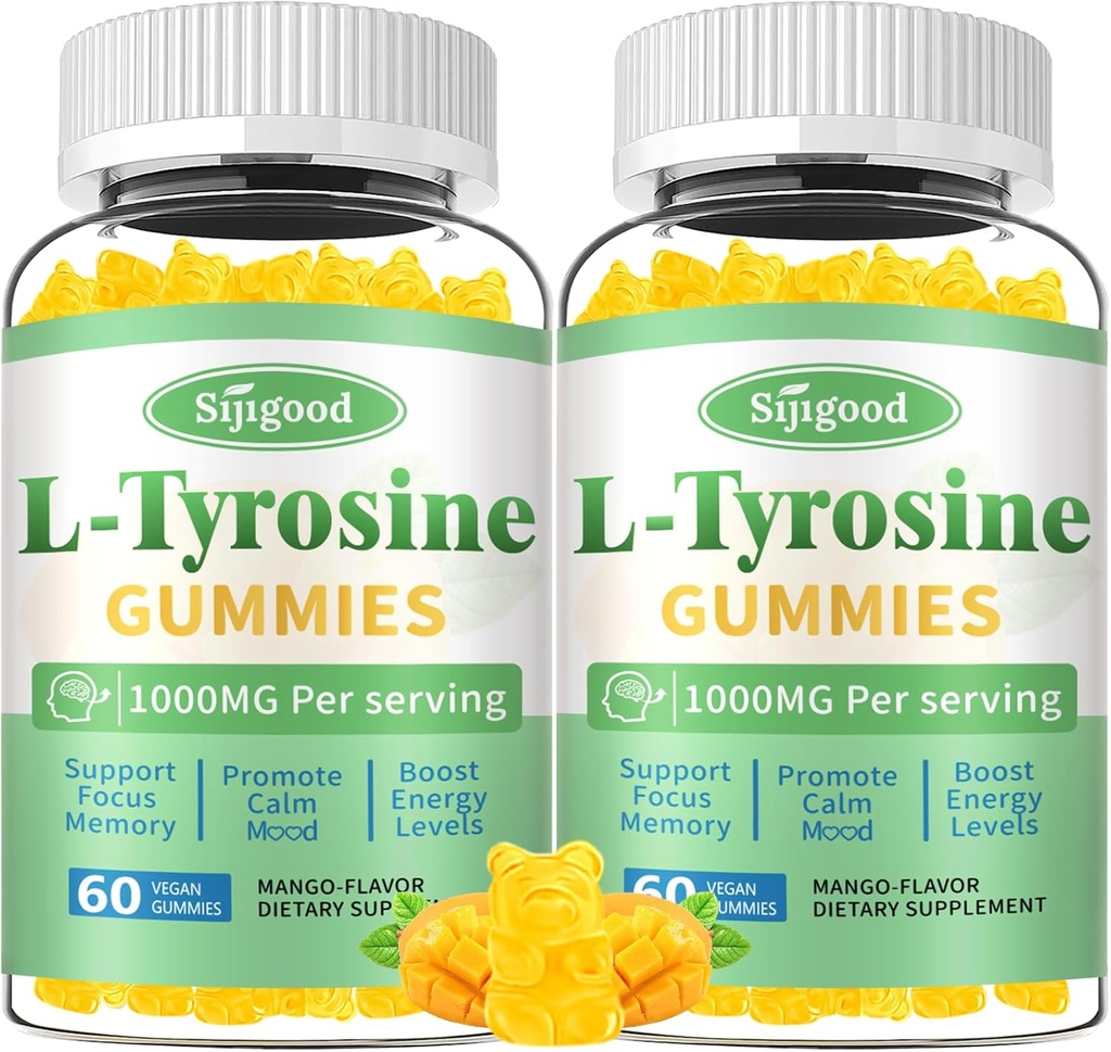 L-Tyrosine Gummies for Adults and Kids - 1000mg L-Tyrosine Supplement Focus Gummies for Brain, Mood, Energy Support, Vegan & Gluten-Free, Mango Flavor, 120 Count