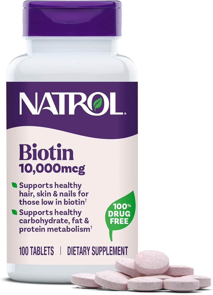 Natrol Beauty Biotin 10 000 mcg Vitamines pour la beauté, 100 comprimés, 100 jours d'approvisionnement