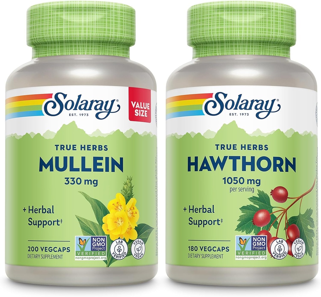 SOLARAY Mullein Leaf 330 mg et Hawthorn Berry Capsules 1050 mg - Ensemble de soutien à base de plantes apaisantes pour la santé et le bien-être - Vegan, non OGM, garantie de 60 jours, vérification en laboratoire, 200/180 VegCaps