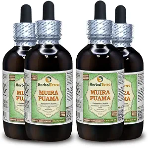 Muira Puama (Ptychopetalum Olacoides) Glycérite, extrait liquide sans alcool biologique (marque : HerbalTerra, fièrement fabriqué aux États-Unis) 4x4 fl.oz (4x120 ml)