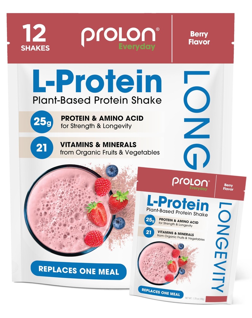 Prolon Longévité en poudre de protéines à base de plantes: Synthèse et réparation musculaires, Vieillissement en santé, Performance accrue: Vitamines, Sans gluten, Acides aminés, Antioxydants: 25g de protéines, 12 paquets