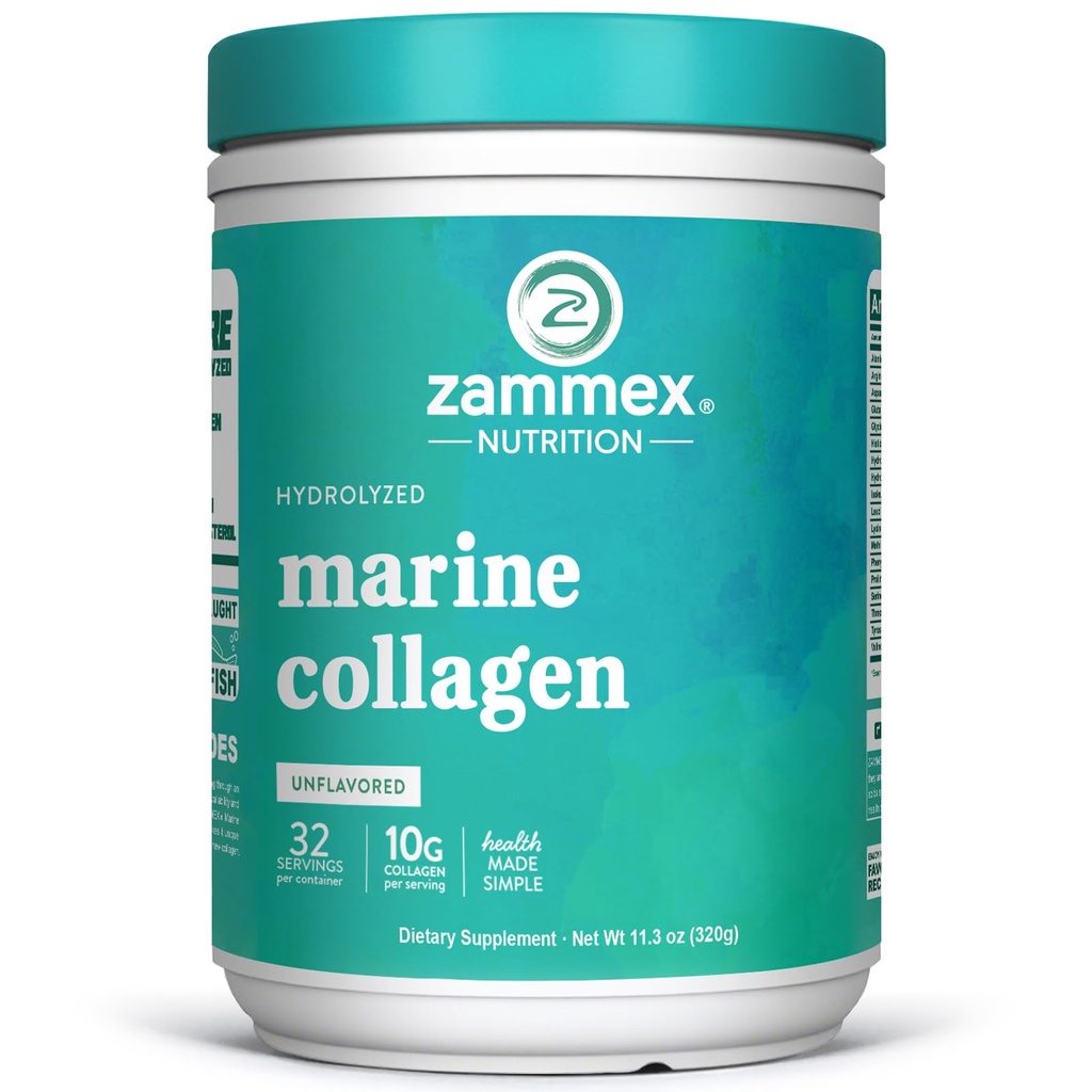Zammax Marine Collagen Peptides Poudre de Collagène Non aromatisée, Wild-Caught Fish Collagène Poudre, soutient la peau saine, les cheveux, les articulations, les types 1 et 3 Collagène Supplément pour les femmes - Facile à mélanger. (32 portions)