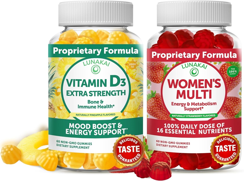 Lunakai Vitamine D3 Gummies and Women's Multivitamin Gummies Bundle - Supplément de soutien à l'immunité, aux os et à l'humeur - 100% de la valeur quotidienne de 16 vitamines et minéraux essentiels Gummy santé - 30 jours d'approvisionnement