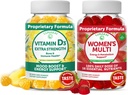 Lunakai Vitamine D3 Gummies and Women's Multivitamin Gummies Bundle - Supplément de soutien à l'immunité, aux os et à l'humeur - 100% de la valeur quotidienne de 16 vitamines et minéraux essentiels Gummy santé - 30 jours d'approvisionnement