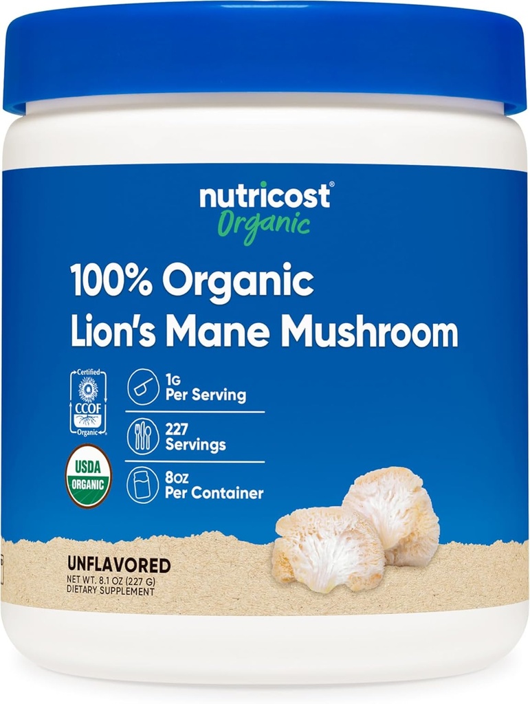Nutricost Organic Lion's Mane Mushroom Powder (8 oz) - 227 Servings, Certified USDA Organic Supplement