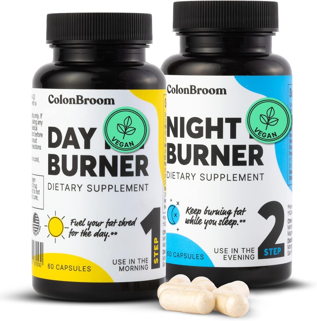 ColonBroom Day & Night Burner Suppléments, pilules pour femmes/hommes avec inuline, L-carnitine, Coenzyme Q 10, Grain du Paradis et plus, Colon Broom 60 Capsules végétaliennes par conteneur