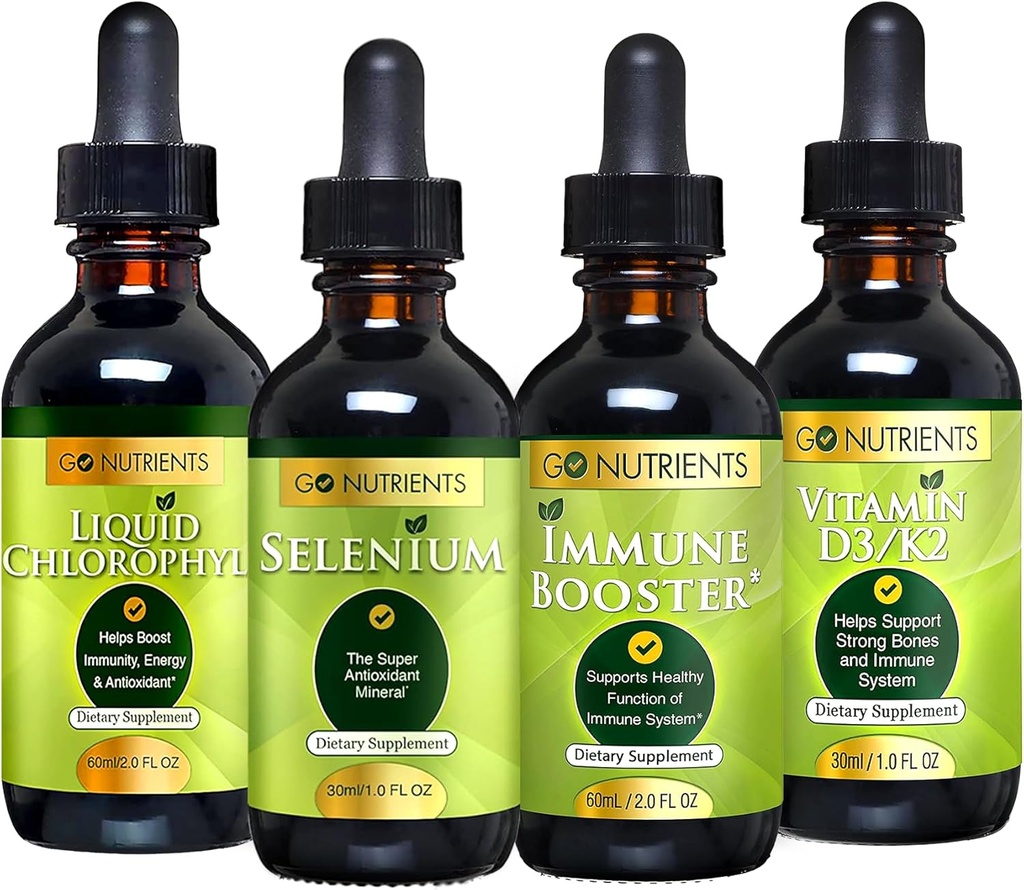 Go Nutrients Cold & Immune Bundle - Sélénium, Vitamine D3/K2, Immune Booster, Chlorophylle liquide – Support puissant pour le système immunitaire, renforce la défense du corps, le cœur et la vitalité, renforce respiratoire