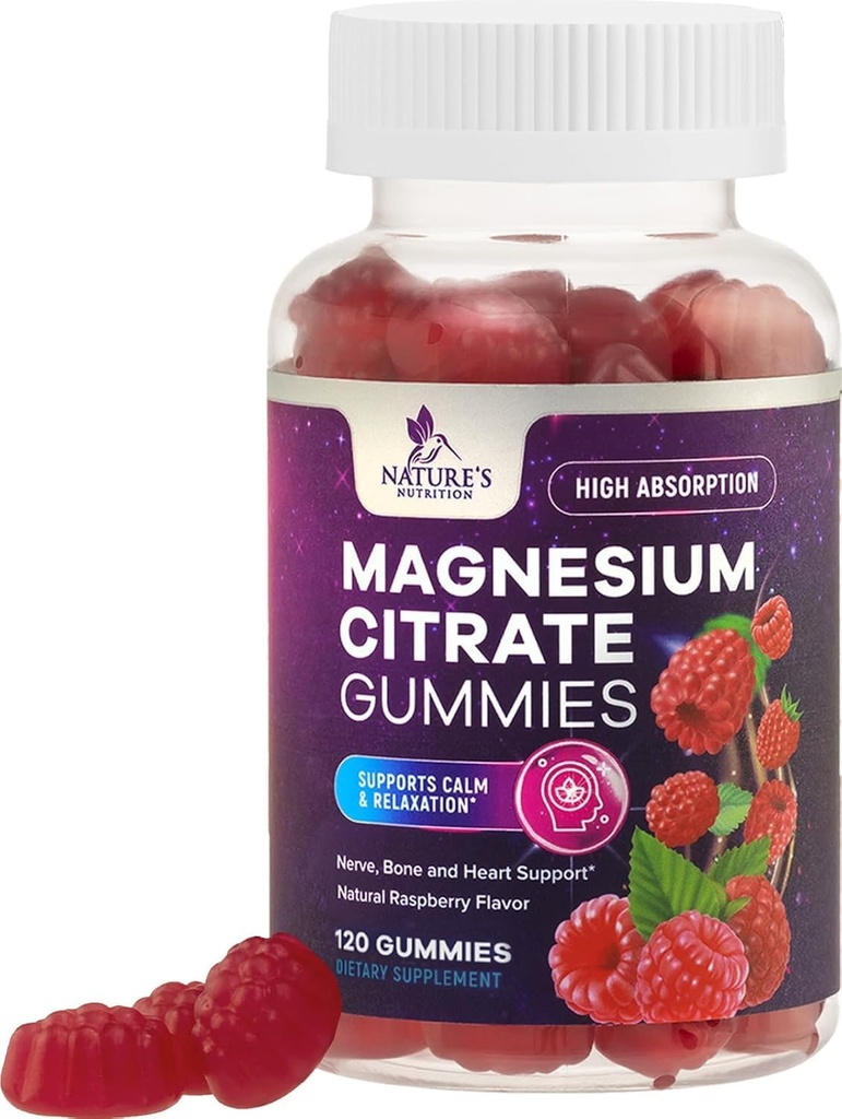 Supplément de Gummée de Citrate de Magnésium - Haute Absorption, Supplément de Gummée de Magnésium Vegan pour Adultes et Enfants, Suppléments de Gummée de Citrate de Magnésio pour Muscle, Nerve, Bone et Heart Support - 120 Gummées