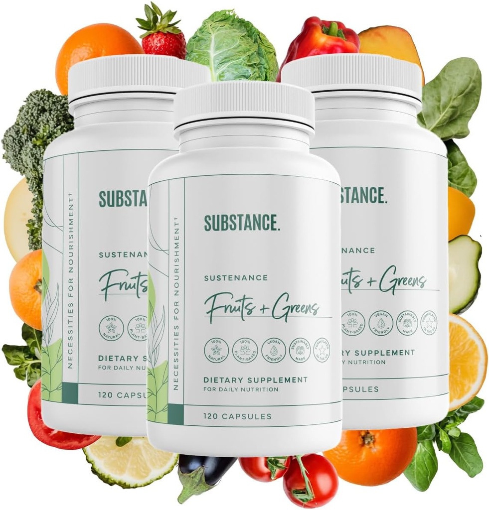 SUBSTANCE. 3-pck Nature's sustenance Daily Greens, Daily Fruits and Veggies Supplément - Améliorer l'énergie, la clarté mentale - Fruits et légumes Suppléments - É.-U. Fabriqué, Vegan-Ami - 90 portions.