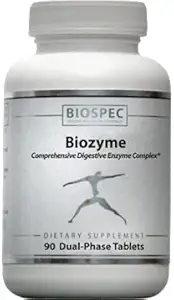 BIOZYME: Complexe complet d'enzyme digestive de haute puissance- double Les comprimés de phase libèrent Betaine HCl, Pepsin, Bromelain et Papain dans l'estomac, et Pancréatine, Trypsine, Chymotrypsine et Ox Bile dans la région duodénale pour une efficacité maximale. 90 comprimés biphasés