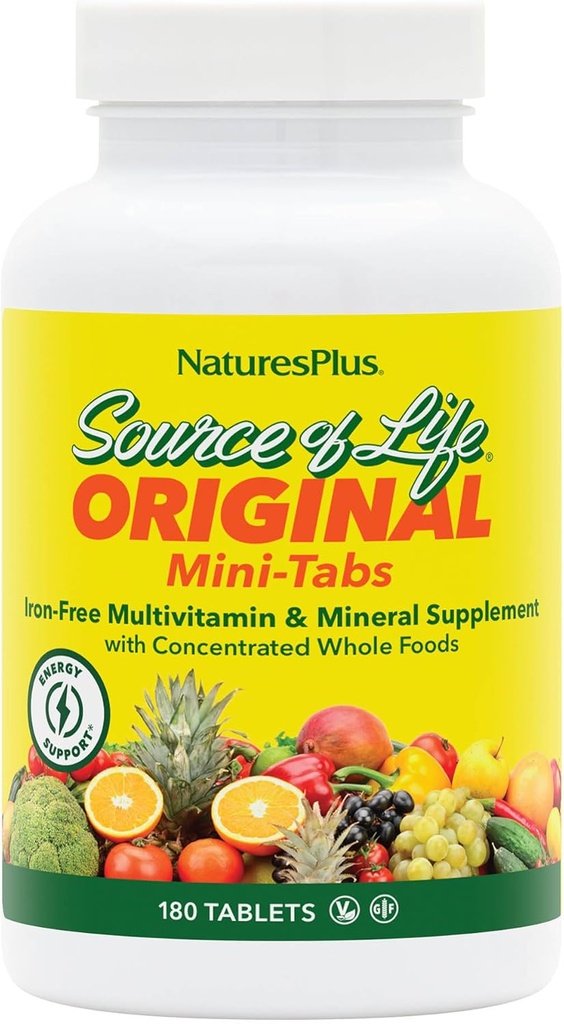 Natures Plus Source de vie Mini-Tabs Non Fer - 180 Mini comprimés végétariens - Facile à avaler Multivitamine naturelle et supplément minéral pour la santé et l'énergie - 30 portions
