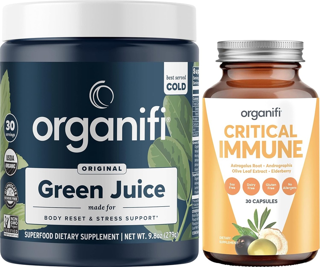 Organifi Green Juice Superfood Poudre (30 portions) et Immune critique (30 capsules) - Vitamine C, contrôle du poids, nettoyage de la désintoxication, anti-stress et soutien immunitaire - sans gluten, végétalien, aliments entiers