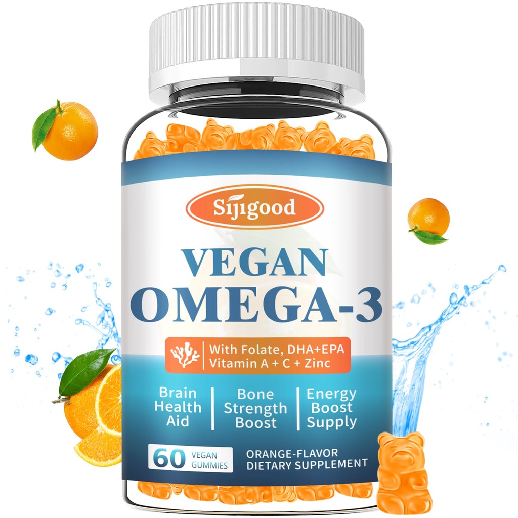 Omega-3 Gummies Potent Algae Omega Source, Boost Cerveau, Yeux et fonction immunitaire, avec DHA et EPA Vegan & Sugar Free, Orange Flavor, 60 Comte