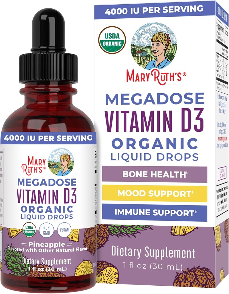 MaryRuth Organics Vitamine D3 Liquid Drops (Mégadose 4000 UI) USDA Liquid Vitamine D Spray biologique pour adultes et enfants (Support immunitaire et santé des os) Végétaux Sans gluten (non-OGM) 30 portions