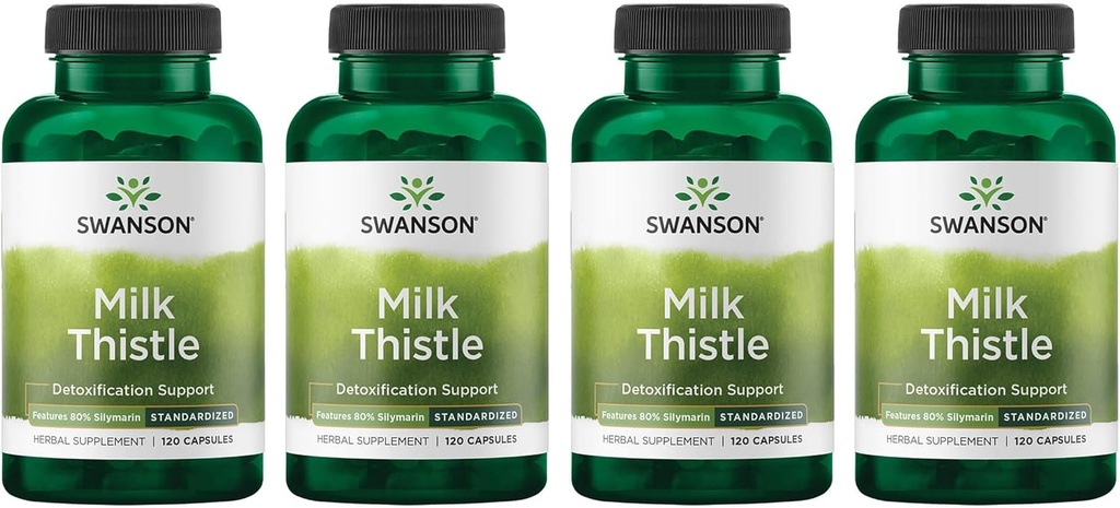 Swanson Thistle de lait (standardisé) - Supplément de soutien du foie à base de plantes w/ 80% Silymarin - Formule naturelle aidant à maintenir la santé et le bien-être - (120 Capsules) (4 Pack)