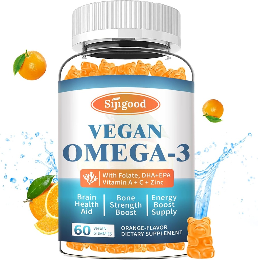 Omega-3 Gummies Potent Algae Omega Source, Boost Cerveau, Yeux et fonction immunitaire, avec DHA et EPA Vegan & Sugar Free, Orange Flavor, 60 Comte