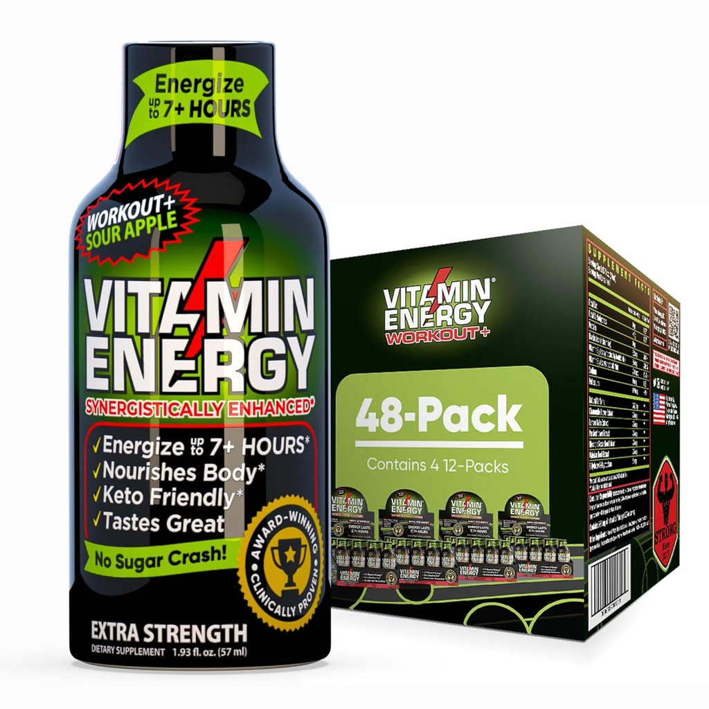 Vitamine Energy Workout+ Extra Strength Energy Shot Sour Apple 48 Pack, 260mg Caféine naturelle, Pré-entraînement, B-Vitamines, Minéraux, Endurance et Performance, Zéro Sucre, Sans gluten, Vegan, 1.93 fl oz