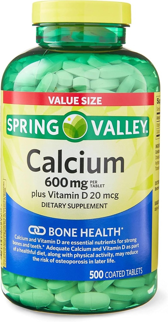 ikj Calcium Plus Vitamine D Comprimés Complément alimentaire Valeur Taille, 600 mg, 500 Compte