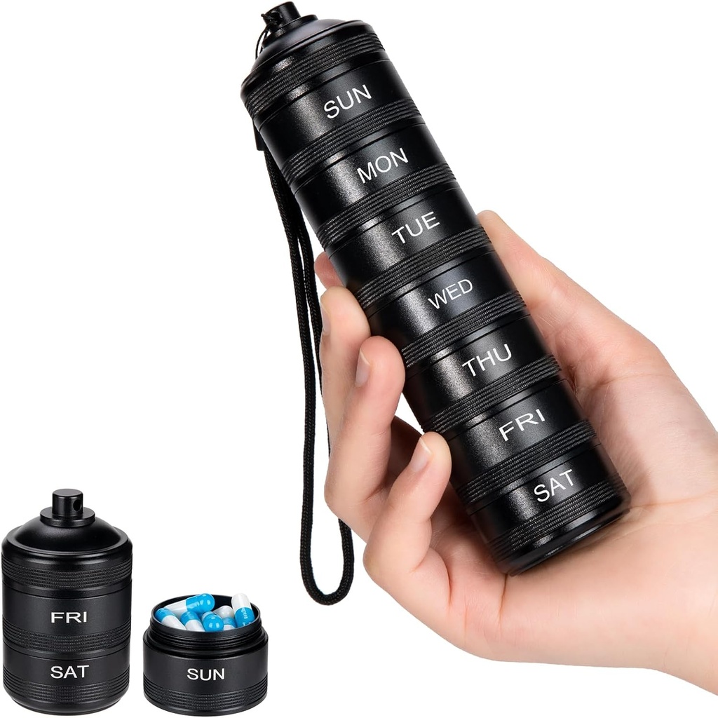 Organisateur hebdomadaire de pilules métalliques - Boîte à pilules de voyage, étui à pilule imperméable, contenant de pilules en alliage d'aluminium de 7 jours, support de pilule portable pour la médecine, supplément, huile de poisson
