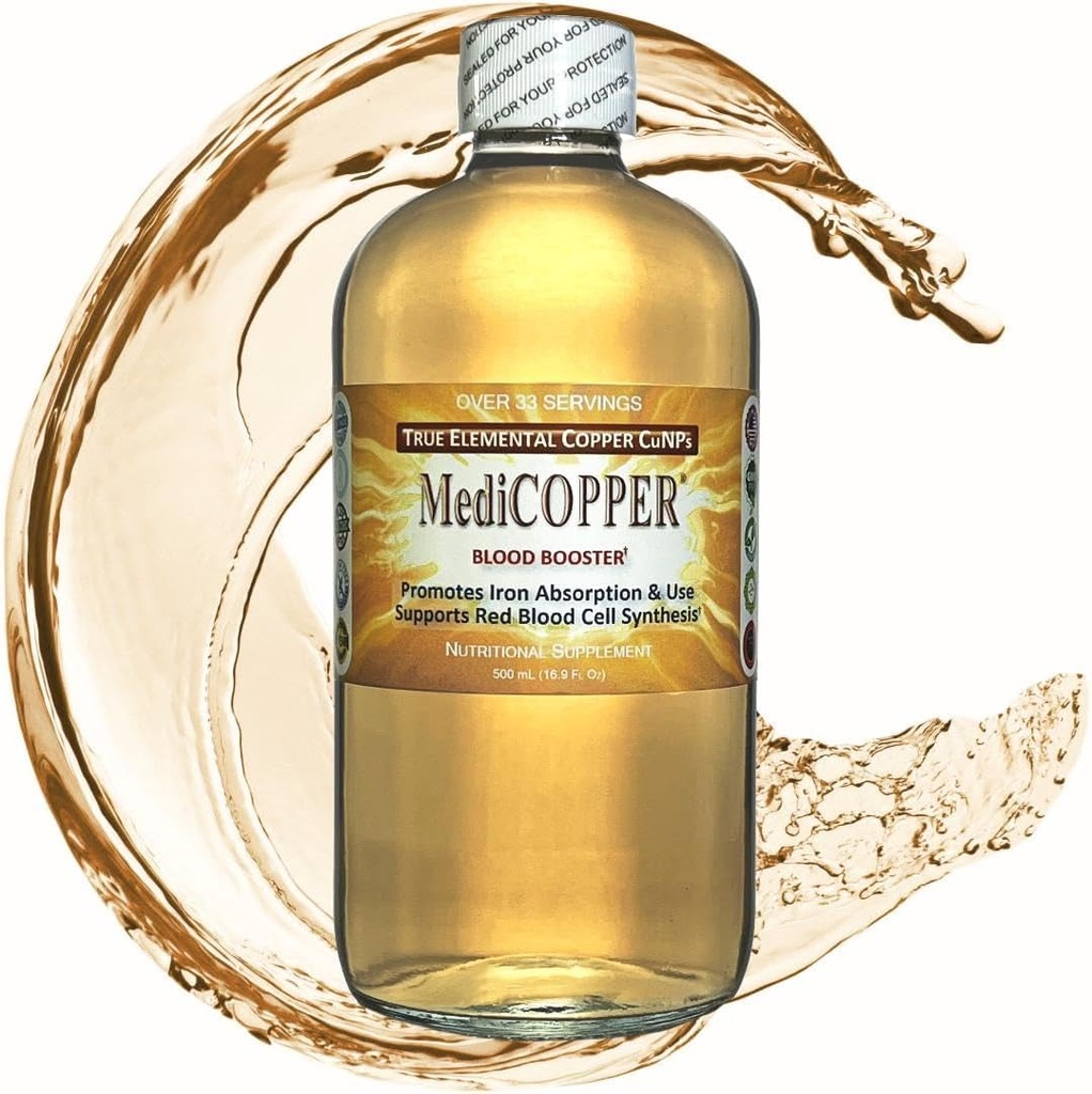 MediCOPPER Blood Booster True Colloïdal CuNP Nutrient - 500 mL dans une bouteille en verre transparent