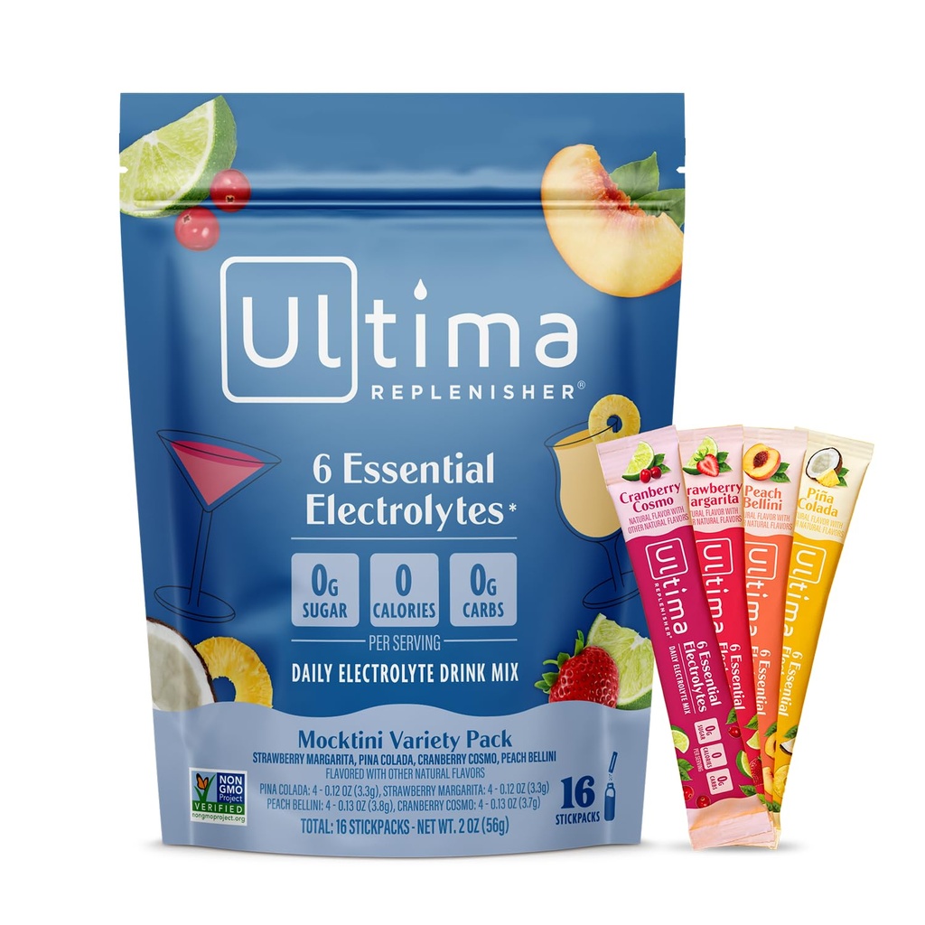 Ultima Replenisher Mélange quotidien de poudre d'électrolyte – Sans sucre – Variété Mocktini, 16 Stickpacks – Packs d'hydratation avec 6 électrolytes clés et minéraux traces – Keto Friendly, non-OGM