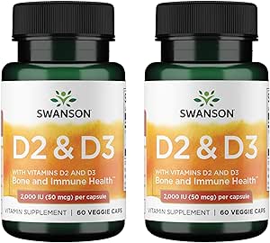 Complexe Vitamine D de Swanson avec Vitamines D2 & D3 - Complexe Vitamine Sunshine Complete pour la santé osseuse, dentaire et immunitaire - Supplément Vitamine (50 mcg, 60 Capsules de Véggie) (2 Pack)